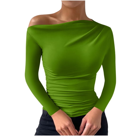 Drses Women Sexy Off Shoulder Top Slim Fit Long Sleeve Going Out Asymmetrical Crop Top Tight Ruched T Shirts