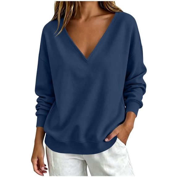 Drses Women V Neck Oversized Drop Shoulder Long Sleeve Sweatshirt, Soft Loose Basic Sweater Casual Business Work Spring Fall Layering Top