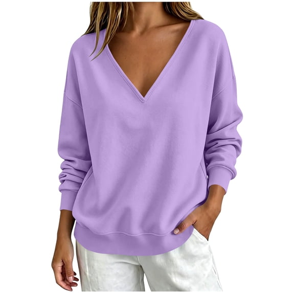 Drses Women V Neck Oversized Drop Shoulder Long Sleeve Sweatshirt, Soft Loose Basic Sweater Casual Business Work Spring Fall Layering Top