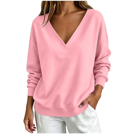 Drses Women V Neck Oversized Drop Shoulder Long Sleeve Sweatshirt, Soft Loose Basic Sweater Casual Business Work Spring Fall Layering Top