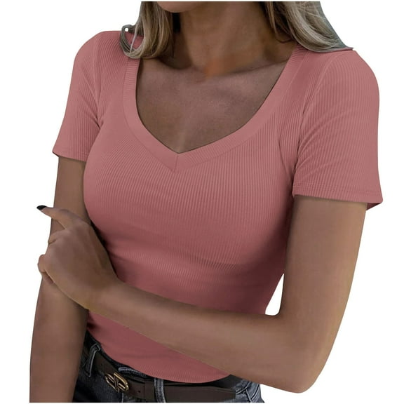 Drses Women V Neck Ribbed Fitted Tight Tshirt Short Sleeve Shirt Basic Knit Top