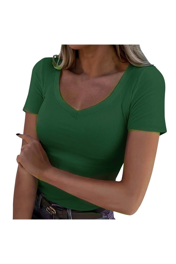 Women V Neck Ribbed Fitted Tight Tshirt Short Sleeve Shirt Basic Knit Top
