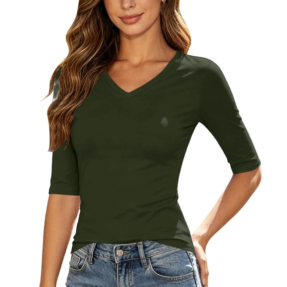 ThreadVibe Women V Neck Ribbed Knit Top, 3/4 Elbow Half Length Sleeve Ruched Slim Fit Stretch T-Shirt, Soft Basic Dressy Casual Tunic Tees for Summer Autumn Daily Outfits