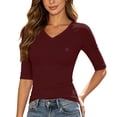 thumbnail image 1 of Scgaewj Women V Neck Ribbed Knit Top, 3/4 Elbow Half Length Sleeve Ruched Slim Fit Stretch T-Shirt, Soft Basic Dressy Casual Tunic Tees for Summer Autumn Daily Outfits, 1 of 2