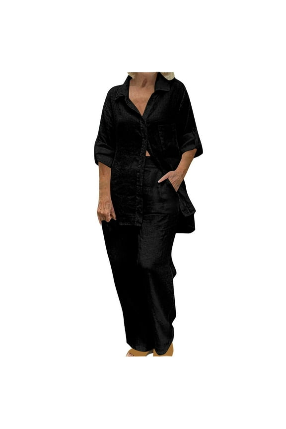 Women's 2 Piece Outfit Sets Long Sleeve Shirt Cotton Linen Long Pants Casual Tracksuits Solid Outfit Sets