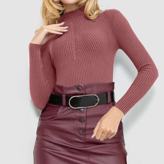 Drses Women's 2024 Fall Long Sleeve Ribbed Knit Sweater - Low Mock Neck Slim Fit Tee Top