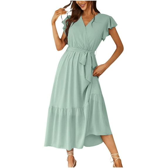 Drses Women's 2024 Floral Boho Dress Wrap V Neck Short Sleeve Belted Ruffle Hem A-Line Flowy Maxi Dresses