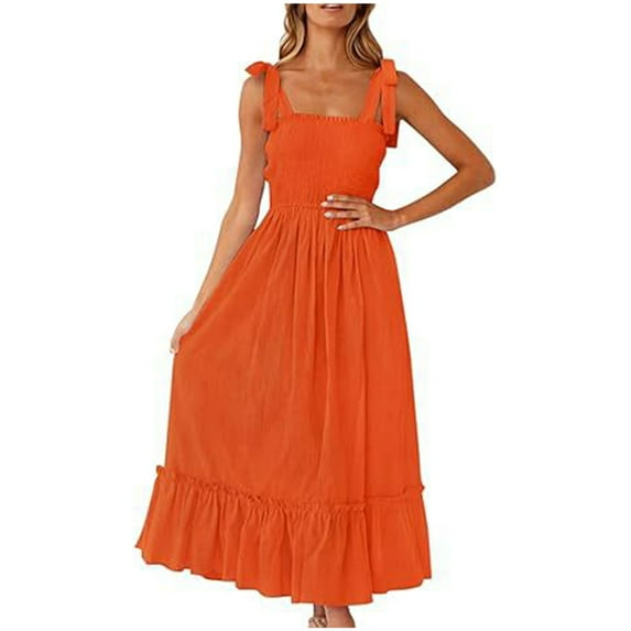 Drses Women's 2024 Summer Boho Spaghetti Strap Square Neck Solid Color Ruffle A Line Beach Long Maxi Dress