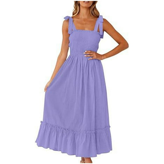 Drses Women's 2024 Summer Boho Spaghetti Strap Square Neck Solid Color Ruffle A Line Beach Long Maxi Dress