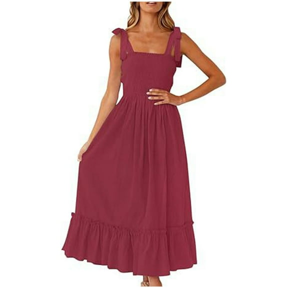 Drses Women's 2024 Summer Boho Spaghetti Strap Square Neck Solid Color Ruffle A Line Beach Long Maxi Dress