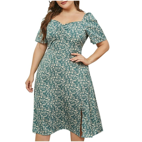 Drses Women's 2024 Summer Casual Dress Plus Size Smocked Midi Calf Length Puff Sleeve Floral Dresses