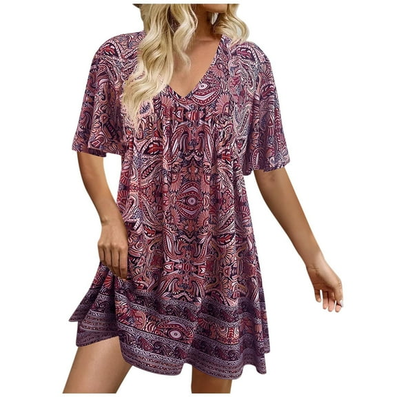 Drses ‌‌‌‌‌‌‌‌Women's 2025 Boho T-Shirt Dress - Plus Size V-Neck Short Sleeve Loose Fit Midi | Casual Printed Beach Floral Swing Sundress
