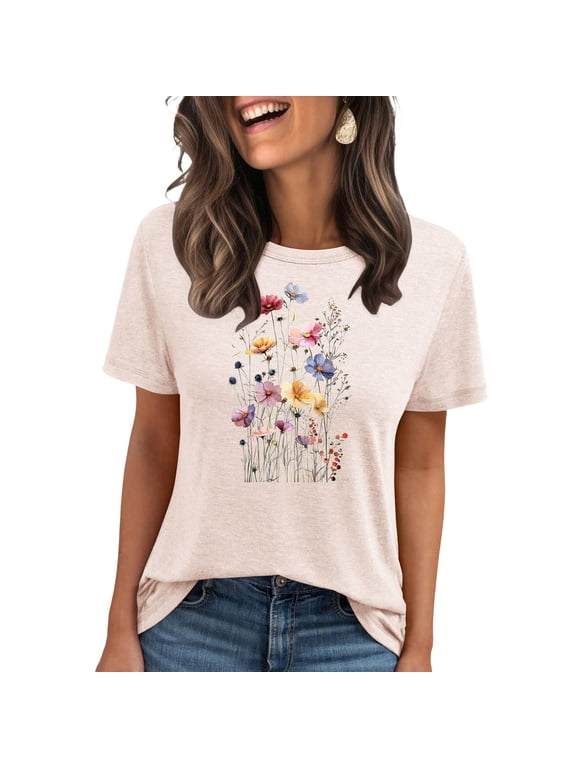 Women's 2025 Boho Wildflower Graphic Tee | Vintage Floral Cotton Short Sleeved T-Shirt for Summer Casual