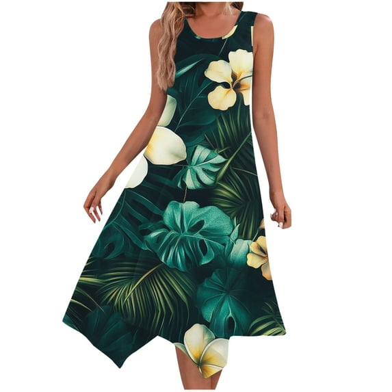 Drses Women's 2025 Plus Size Floral Swing Sundress - Irregular Hem A-Line Midi | Sleeveless Round Neck Loose Casual Beach Dress