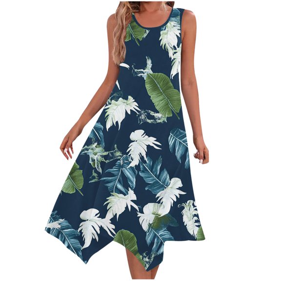 Drses Women's 2025 Plus Size Floral Swing Sundress - Irregular Hem A-Line Midi | Sleeveless Round Neck Loose Casual Beach Dress