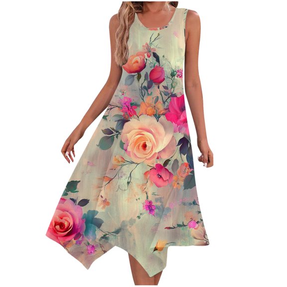 Drses ‌‌‌‌‌‌‌‌‌‌Women's 2025 Plus Size Floral Swing Sundress - Irregular Hem A-Line Midi | Sleeveless Round Neck Loose Casual Beach Dress