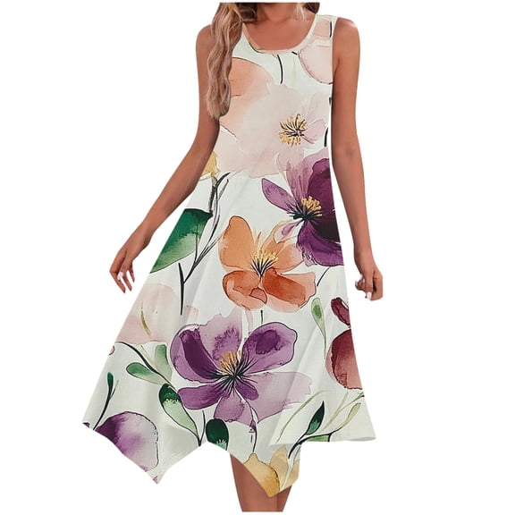 Drses ‌‌‌‌‌‌‌‌‌‌Women's 2025 Plus Size Floral Swing Sundress - Irregular Hem A-Line Midi | Sleeveless Round Neck Loose Casual Beach Dress
