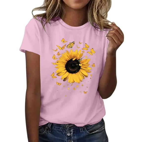 Drses Women's 2025 Summer Graphic T-Shirt | Vintage Sunflower & Butterfly Print Short Sleeve Top - Boho Floral Casual Loose Fit Tee