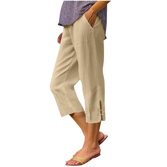Drses Women's 2026 Linen Pedal Pushers Capri Pants, Pull On Loose Straight Wide Leg Cropped Bermuda Shorts with Side Slit Pockets