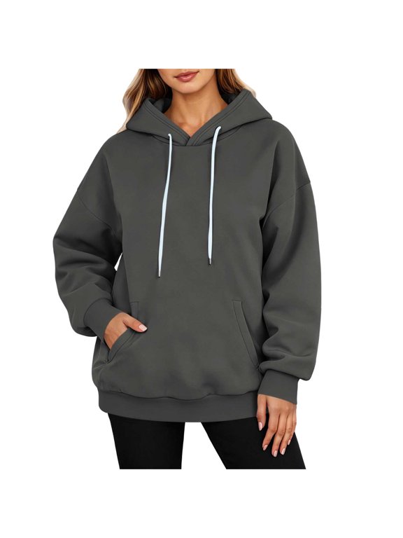 Women's 2026 Y2K Oversized Fleece Hoodie, Drawstring Loose Long Sleeve Plain Pullover Sweatshirt with Pockets for Fall Winter Trendy Casual Outfits