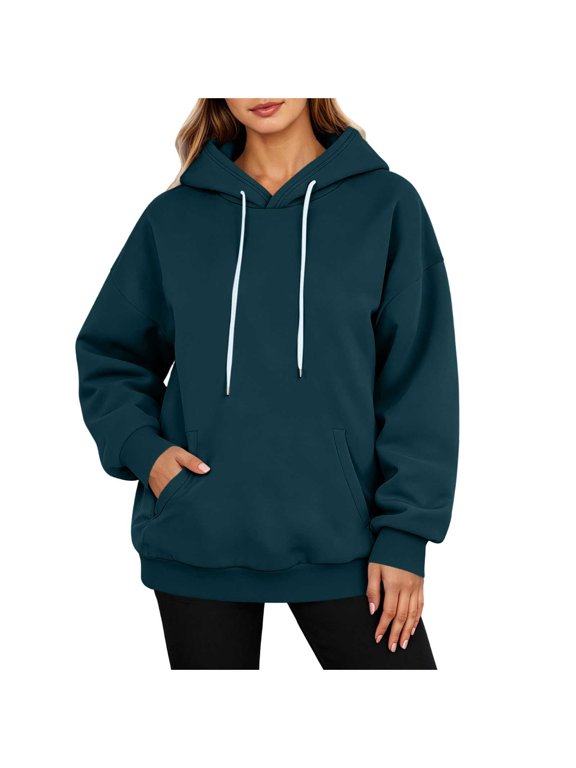 Women's 2026 Y2K Oversized Fleece Hoodie, Drawstring Loose Long Sleeve Plain Pullover Sweatshirt with Pockets for Fall Winter Trendy Casual Outfits