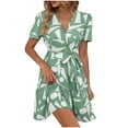 thumbnail image 1 of Drses Women's All Over Print Short Puff Sleeve V Neck Belted Dress Ruffle Hem A Line Short Dresses, 1 of 5