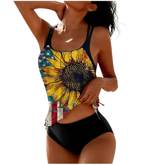 Drses ‌Women's American Flag Print Tankini Swimsuit Set - 2 Piece with Tummy Control, Rash Guard & Shorts Sun Protection Swimwear (Sizes S-2XL)