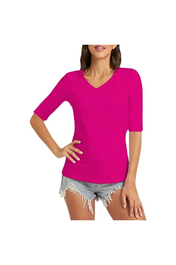 Women's Basic Half Sleeve V Neck T-Shirt Casual Solid Slim Cotton Top