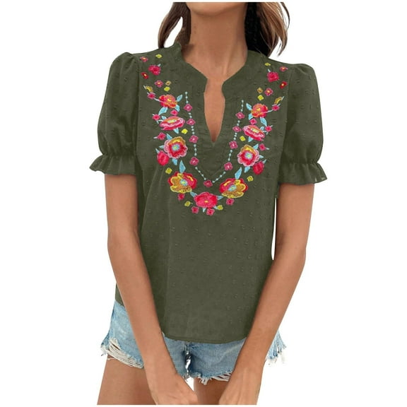 Drses Women's Boho Embroidered Blouse - Floral V-Neck Puff Sleeve Casual Top
