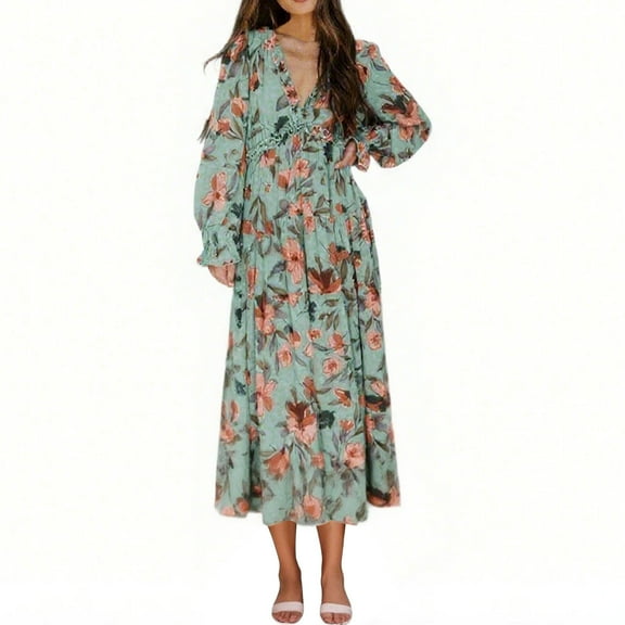 Drses‌‌ ‌‌Women's Boho Floral Maxi Dress - Long Sleeve Plunging Deep V-Neck Casual Beach Wear