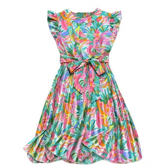 Drses Women's Boho Floral Ruffle Round Neck Midi Dress - Elegant Pleated A-Line Wedding & Beach Dress with Cinched Waist Belt