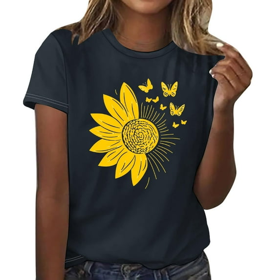 Drses Women's Boho Floral T-Shirt - Vintage Wildflower & Butterfly Print Short Sleeve Casual Round Neck Top