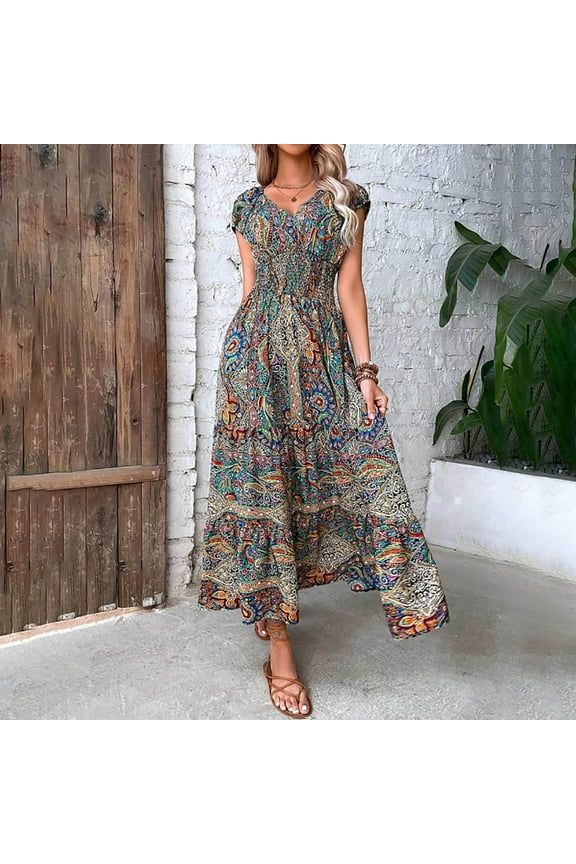 Women's Boho Maxi Dress V Neck Cap Sleeve Waist Smocked Ruffled A Line Long Summer Dresses