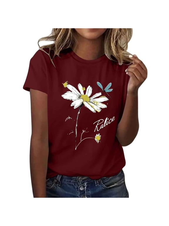 Women's Boho Sunflower Graphic T-Shirt | Vintage Wildflower Print Summer Top - Plus Size Loose Fit Short Sleeve Casual Tee