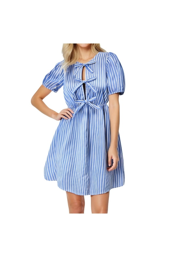 ‌‌ ‌‌‌‌‌‌‌‌‌‌‌‌‌‌Women's Bow Tie Front Babydoll Mini Dress - A-Line Puff Short Sleeve Round-Neck Loose Cute Summer Casual Dress