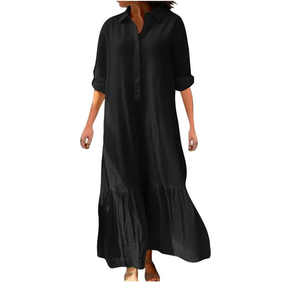 Drses Women's Button Down Dress Casual Cotton Linen Long Sleeve Flowy Plus Size Ruffle Maxi Dresses V Neck Shirt Dress Women's Casual Cotton Linen Maxi Dress