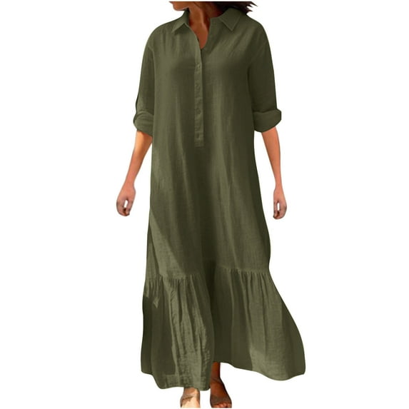 Drses Women's Button Down Dress Casual Cotton Linen Long Sleeve Flowy Plus Size Ruffle Maxi Dresses V Neck Shirt Dress Women's Casual Cotton Linen Maxi Dress