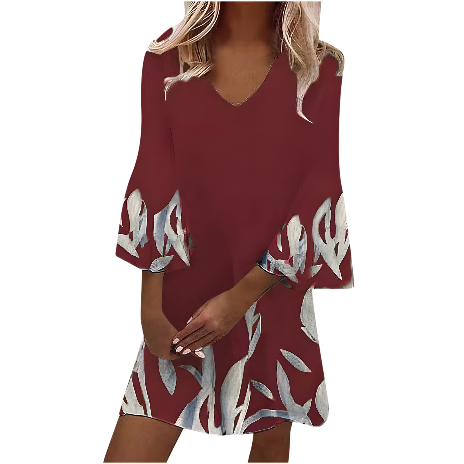 Drses Women's Casual Boho Floral Print Dress Loose V Neck 3/4 Wave Bell  Sleeve Flowy Mini Beach Summer Dresses for Women - Walmart.com