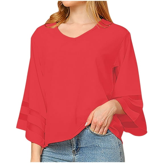 Drses Women's Casual Chiffon V Neck 3/4 Bell Sleeve Womens Tops