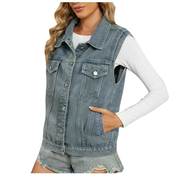 Drses Women's Casual Denim Vest with Flap Pockets - Sleeveless Jean Jacket
