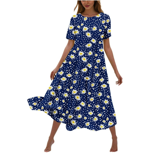 Drses Women's Casual Dresses Women's Flower Printing Casual Short Sleeve Crewneck Dress Casual Flowy Tiered Maxi Beach Dress Short Sleeve Dress for Women Summer