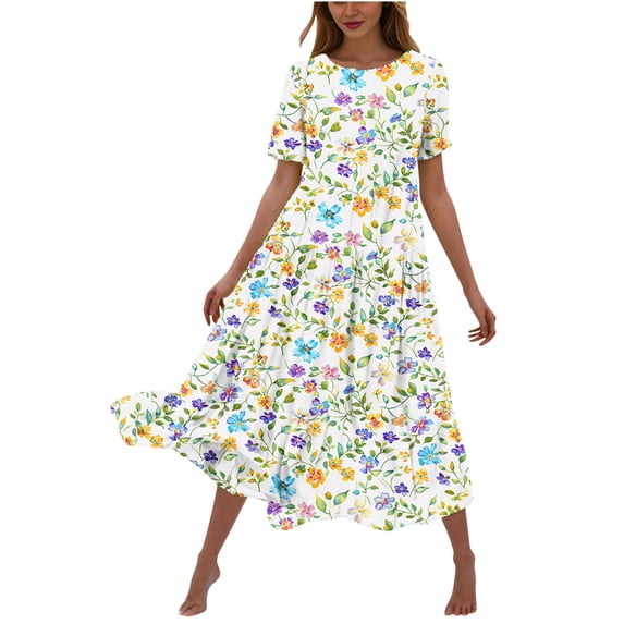 Drses Women's Casual Dresses Women's Flower Printing Casual Short Sleeve Crewneck Dress Casual Flowy Tiered Maxi Beach Dress Short Sleeve Dress for Women Summer