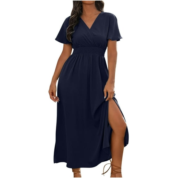 Drses Women's Casual Dresses Women Casual Elastic Waist Summer Solid Color Short Sleeve V-Neck Dress Short Sleeve Dress for Women Summer