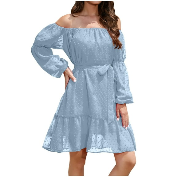 Drses Women's Casual Dresses Women Fashion Solid Long Sleeves No Collar Puff Sleeves Mid-Rise One Shoulder Dress Summer Dresses for Women 2024