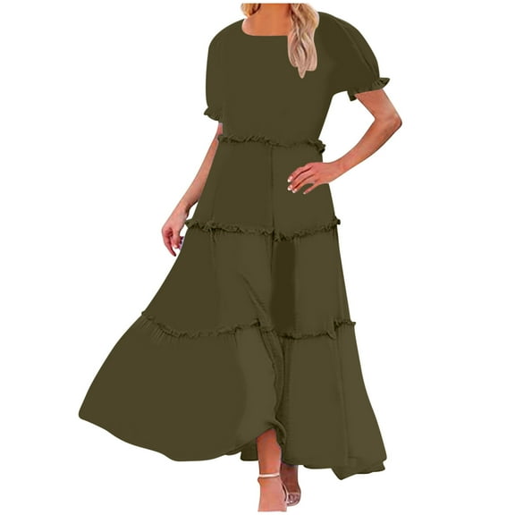 Drses Women's Casual Dresses Women's Casual Fashion Cake Lace Skirt Solid Color Short Sleeved Round Neck Dress Short Sleeve Dress for Women Summer