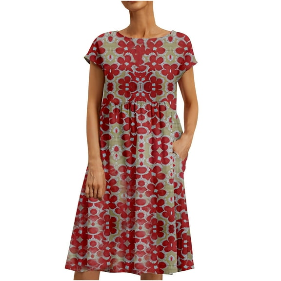 Drses Women's Casual Dresses Women's Fashion Casual Round-Neck Printing Short Sleeve Pockets Loose Dress Short Sleeve Dress for Women Summer