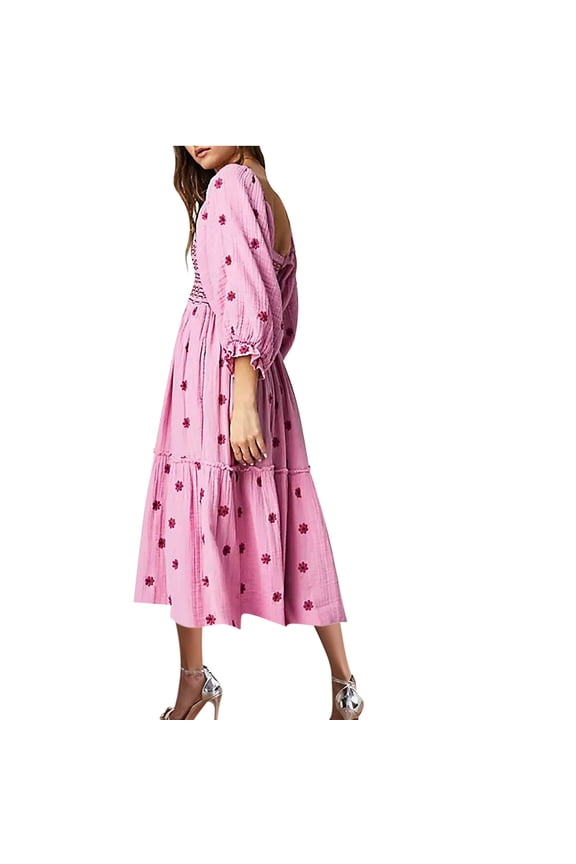 Women's Casual Dresses Women's Flower Embroidered Maxi Dress Lantern Sleeve Square Neck Tiered Flowy Spring Fall Dress