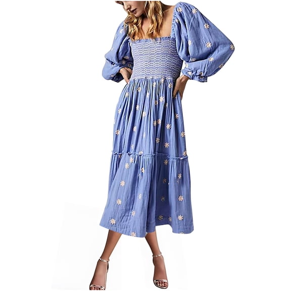 Drses Women's Casual Dresses Women's Flower Embroidered Maxi Dress Lantern Sleeve Square Neck Tiered Flowy Spring Fall Dress