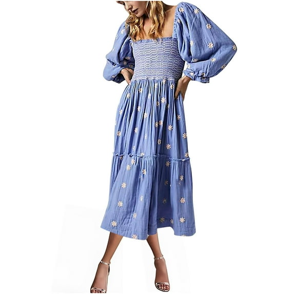 Drses Women's Casual Dresses Women's Flower Embroidered Maxi Dress Lantern Sleeve Square Neck Tiered Flowy Spring Fall Dress