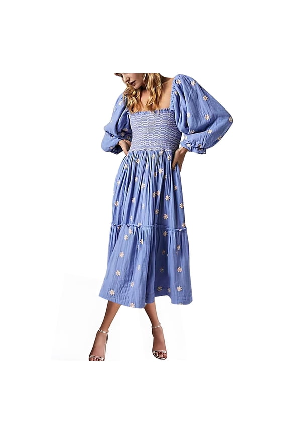 Women's Casual Dresses Women's Flower Embroidered Maxi Dress Lantern Sleeve Square Neck Tiered Flowy Spring Fall Dress